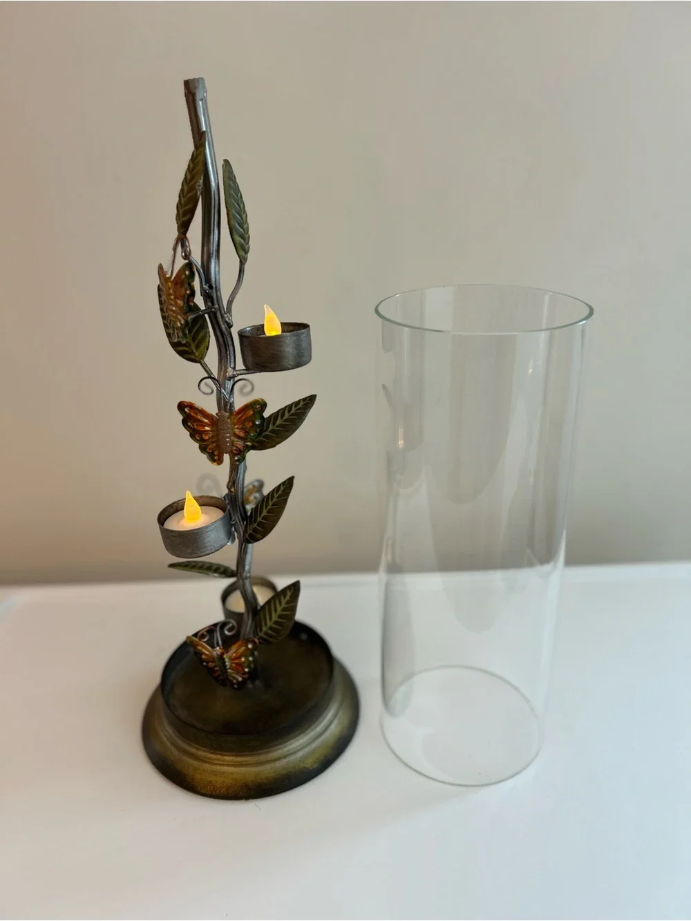 Butterfly Leaf Tealight Holder CandleWith Glass Hurricane - Bronze Finish
